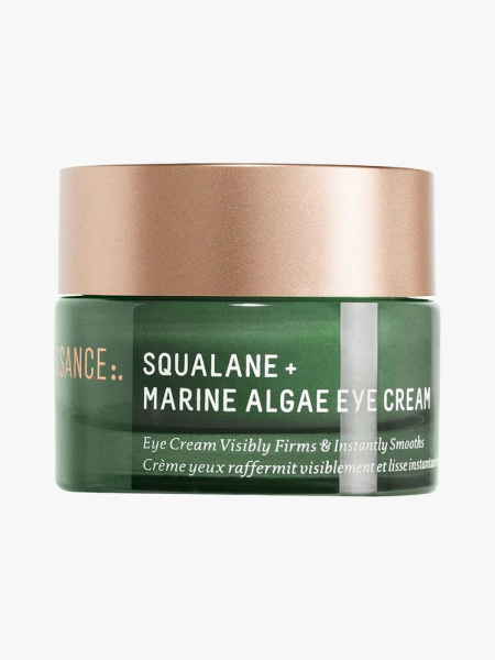 Biossance Squalane + Marine Algae Eye Cream green jar with gold lid on light gray background